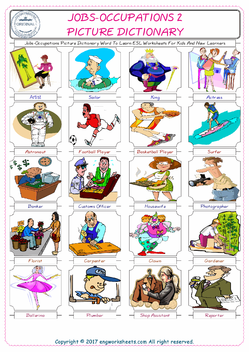  Jobs-Occupations English Worksheet for Kids ESL Printable Picture Dictionary 